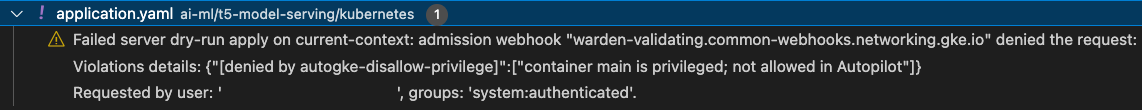 פלט של הרצת ניסיון ב-Visual Studio Code למניפסט בשם application.yaml. ההודעה היא: נכשלה ההרצה היבשה של השרת בהקשר הנוכחי: בקשת ה-webhook של הגישה נדחתה.
