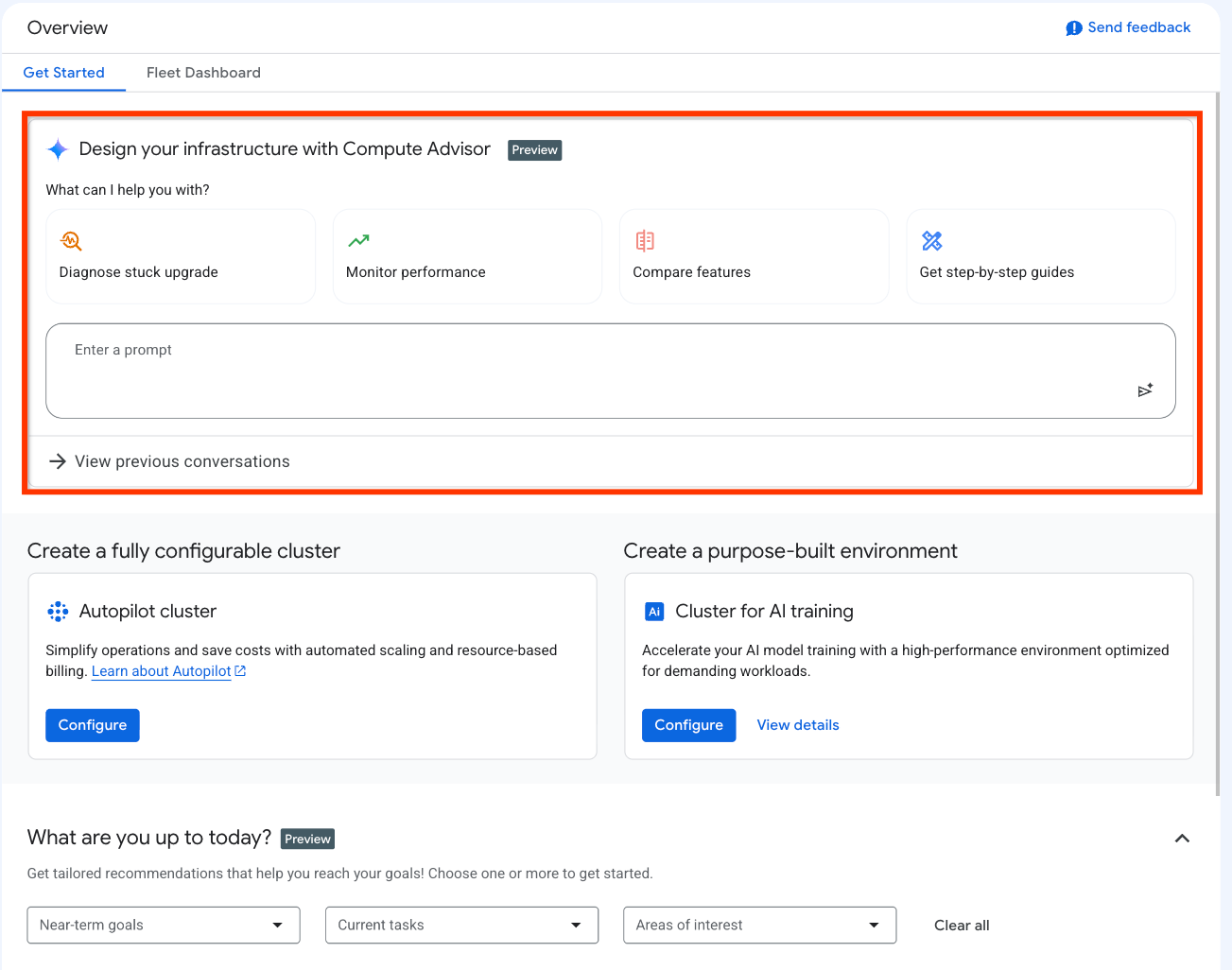 A screenshot of the Compute Advisor page and the UI elements that compose it.