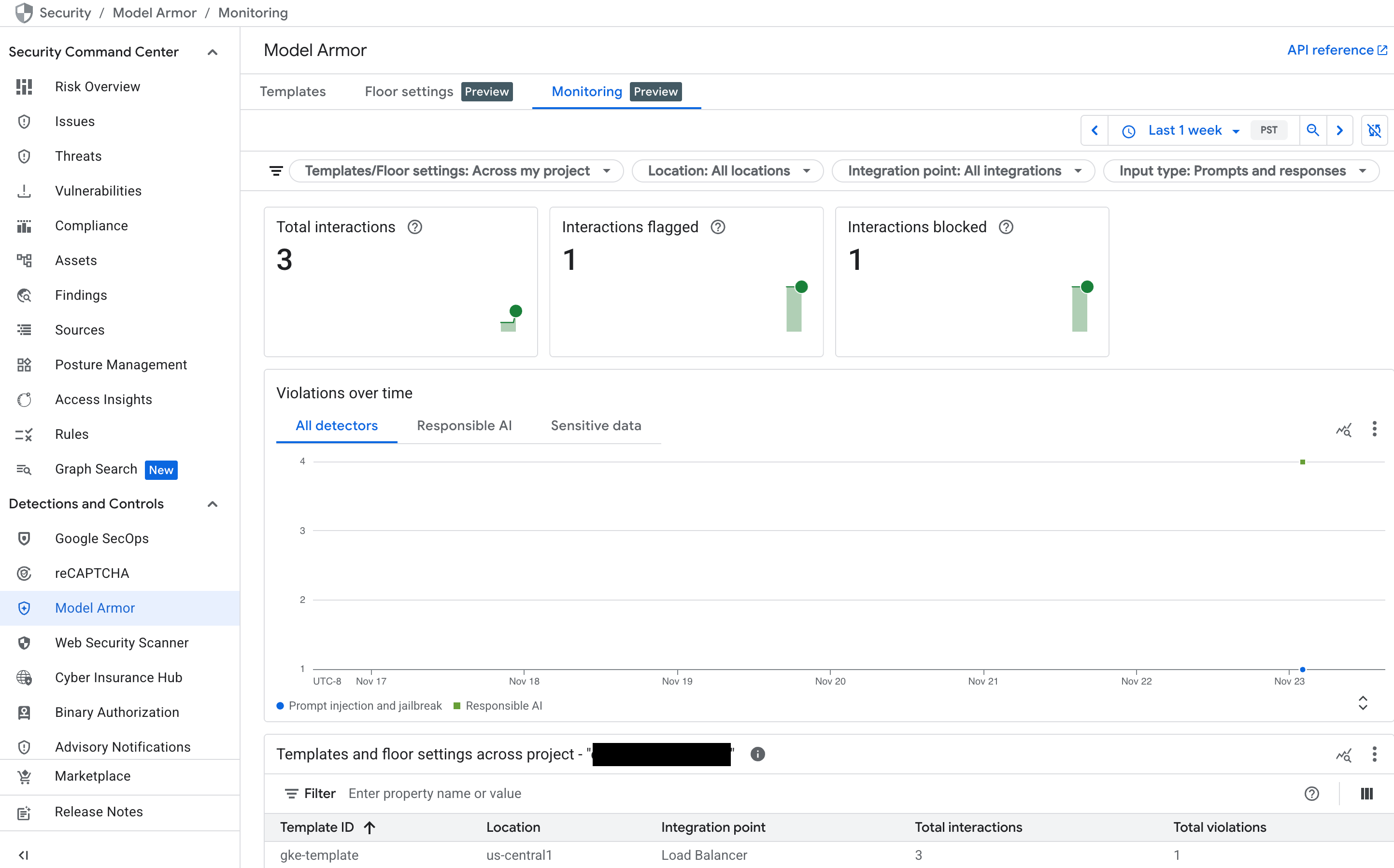  Google Cloud 콘솔의 Model Armor 대시보드