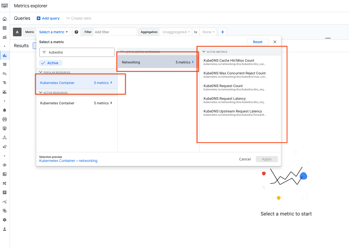 Screenshot showing KubeDNS metrics in the Google Cloud console