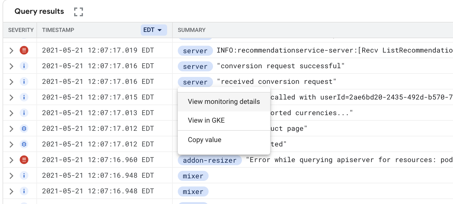 顯示 GKE 資源的 Logs Explorer 選單。