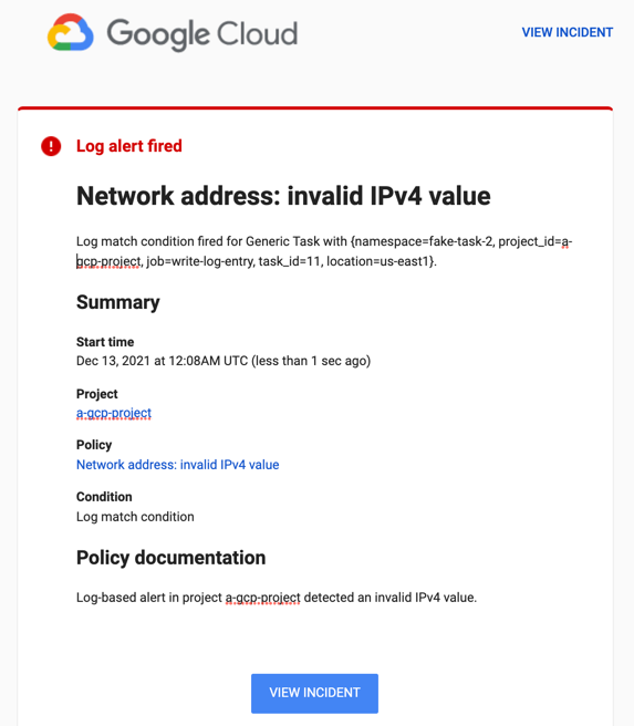 La criterio di avviso basata su log di esempio genera una notifica via email.