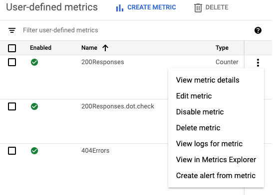 As opções do menu adicional do painel de métricas baseadas em registos definidas pelo utilizador.