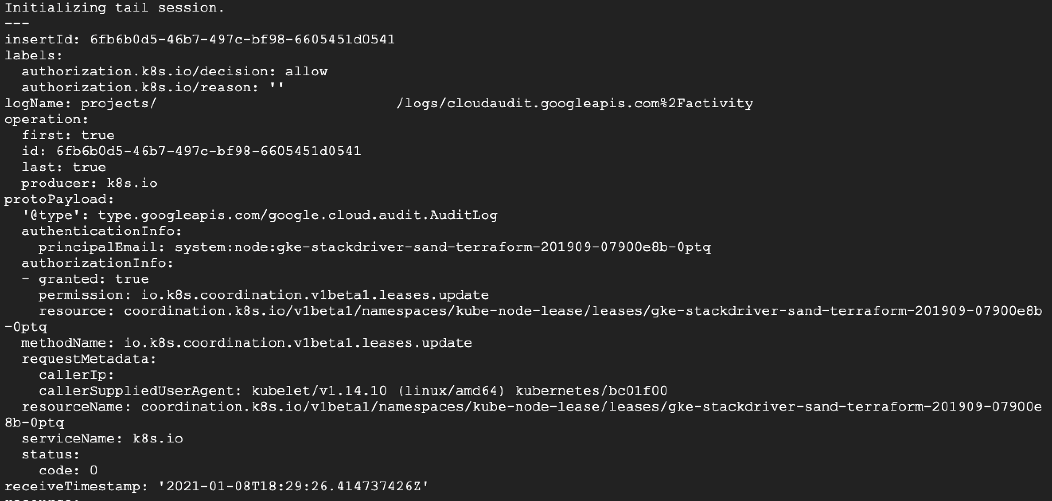 Voci di log durante una sessione di logging in tempo reale.