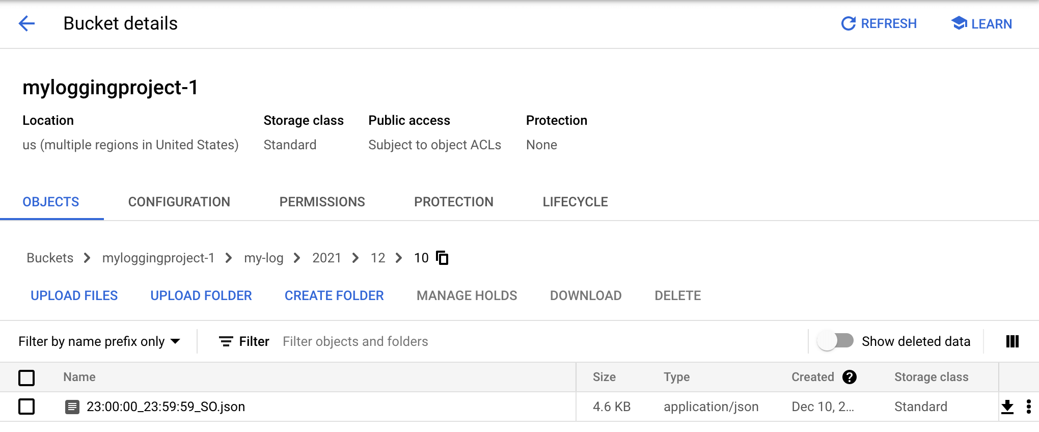 Affichage du contenu du bucket sous forme de sous-dossiers.