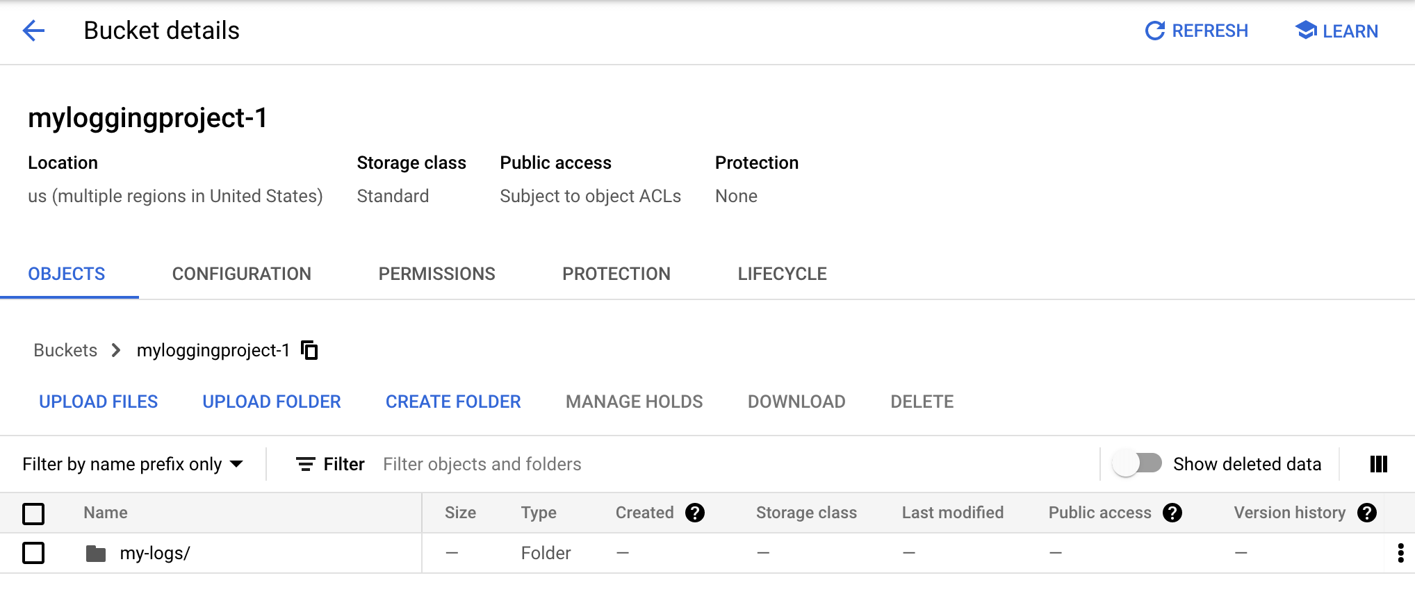 存储桶内容详细视图。