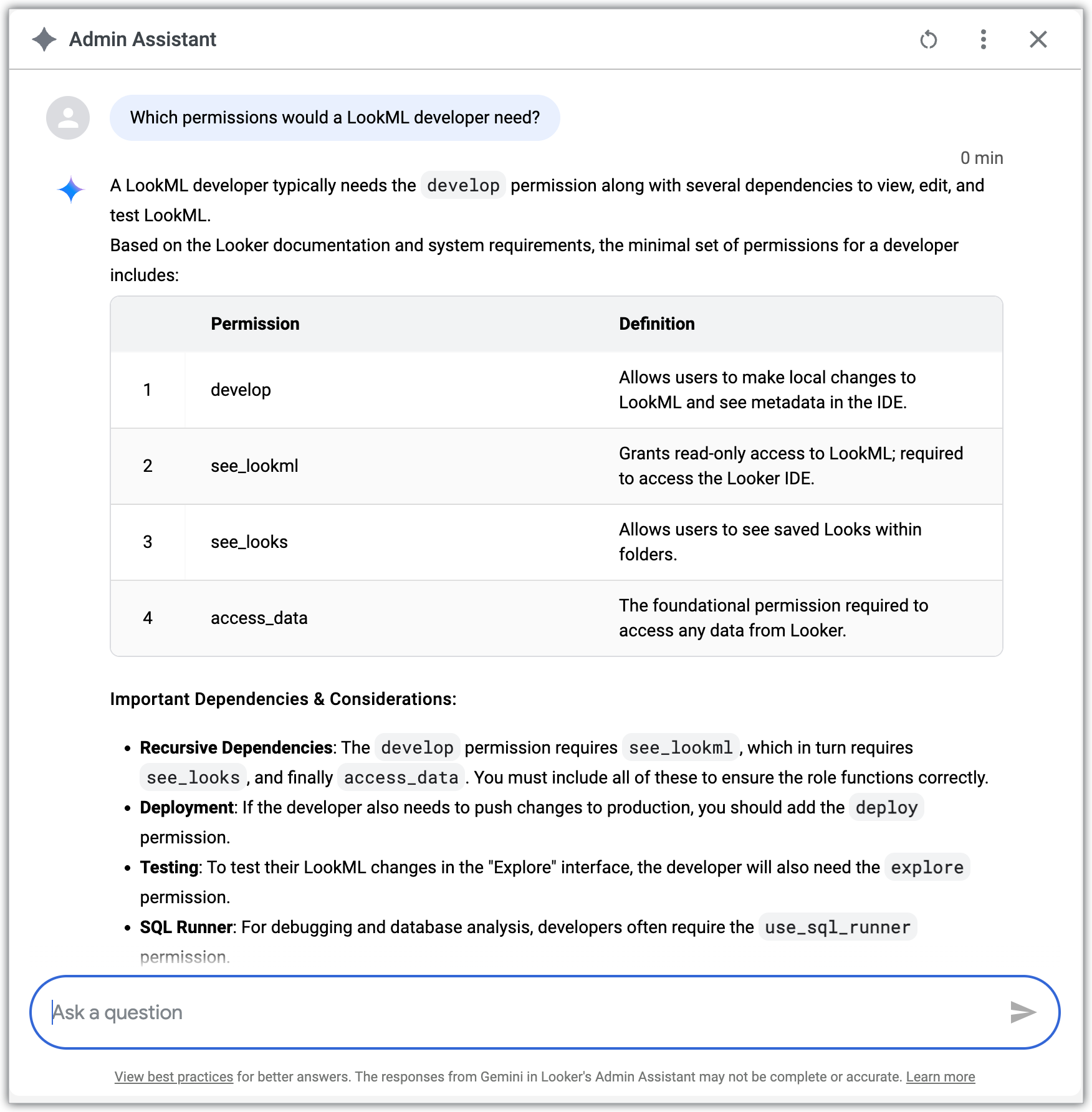 L'assistente amministratore mostra un elenco delle autorizzazioni richieste da uno sviluppatore LookML.