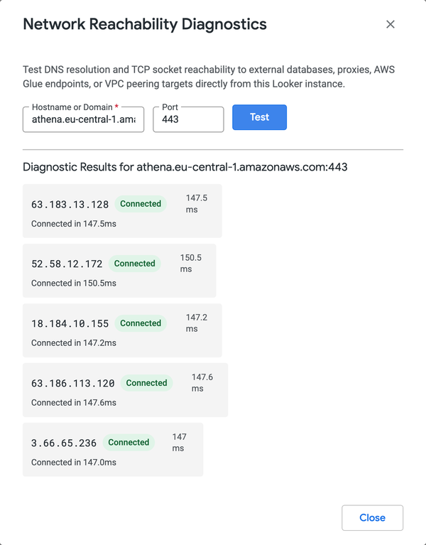 A caixa de diálogo "Network Reachability Diagnostics" mostrando os resultados do teste para um nome de host e uma porta.