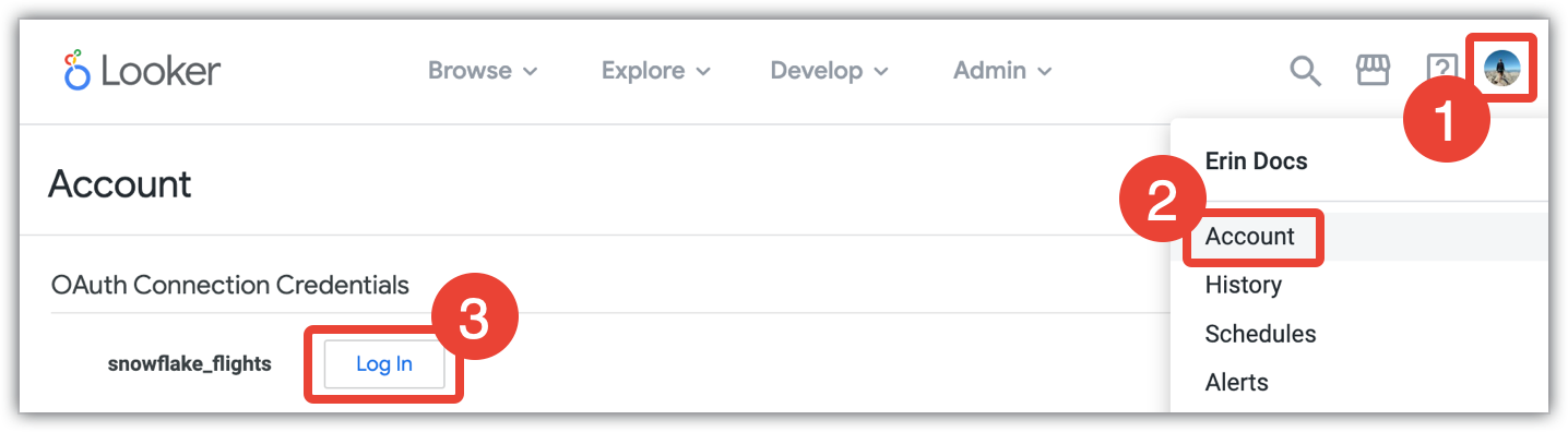 Halaman Akun di Looker, yang menampilkan bagian OAuth Connection Credentials.