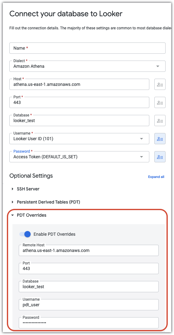 Sezione PDT Overrides (Override PDT) della pagina Connetti il tuo database a Looker.