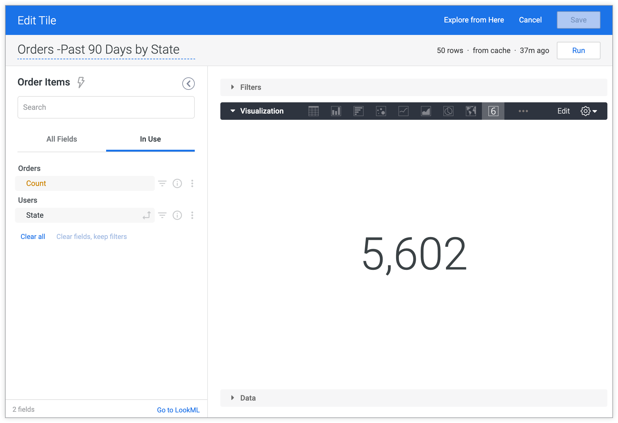 Das Dialogfeld „Tile bearbeiten“ in einem eingebetteten Looker-Dashboard mit dem Looker-Standarddesign.