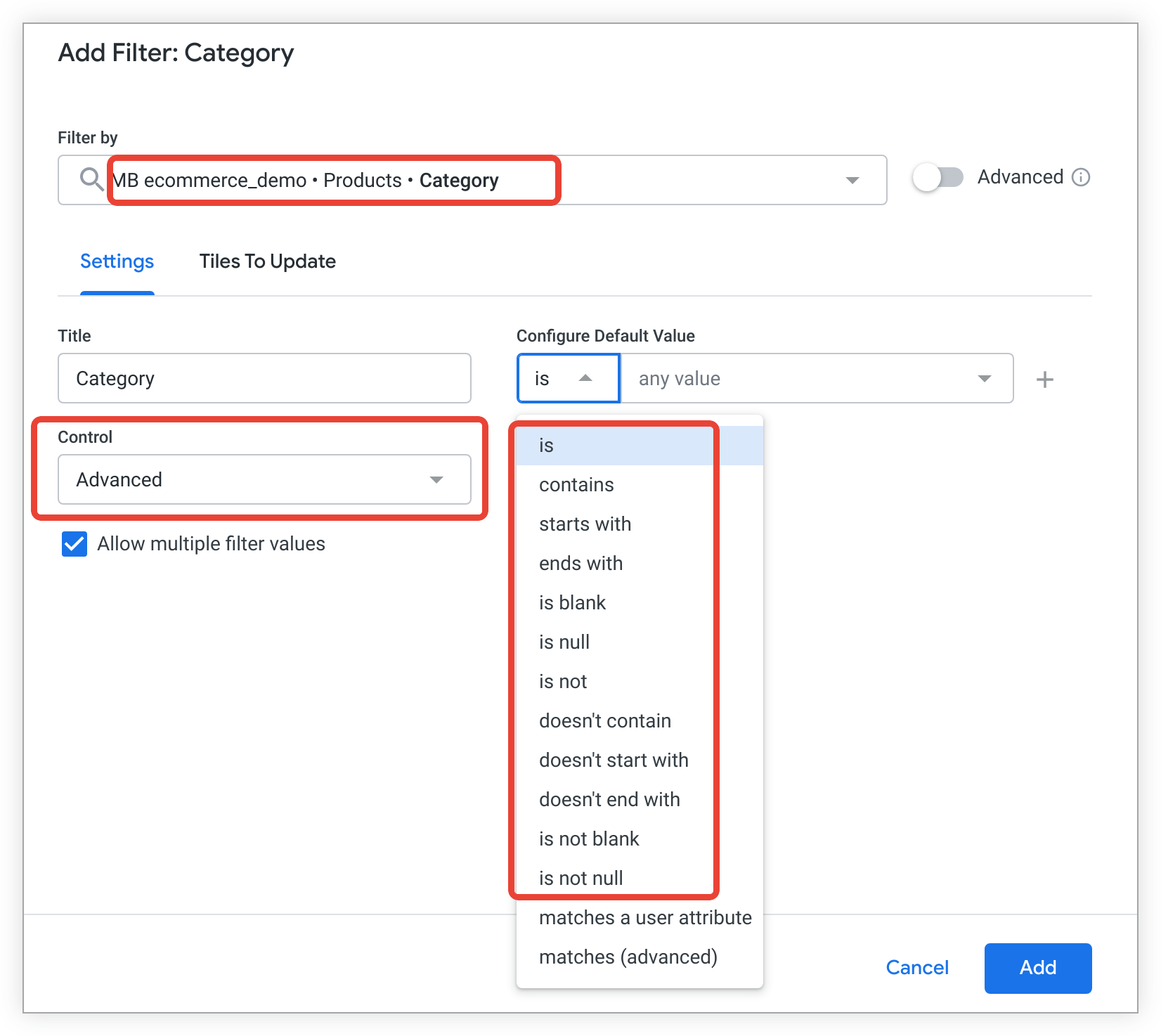 Para usar los controles avanzados, selecciona Avanzado en el menú desplegable Control. No es lo mismo que el interruptor Avanzado situado a la derecha del campo Filtrar por.