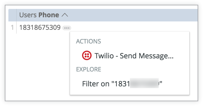 Das Kontextmenü für das Feld „Telefon“ enthält im Bereich „Aktionen“ die Option „Twilio – Nachricht senden“.