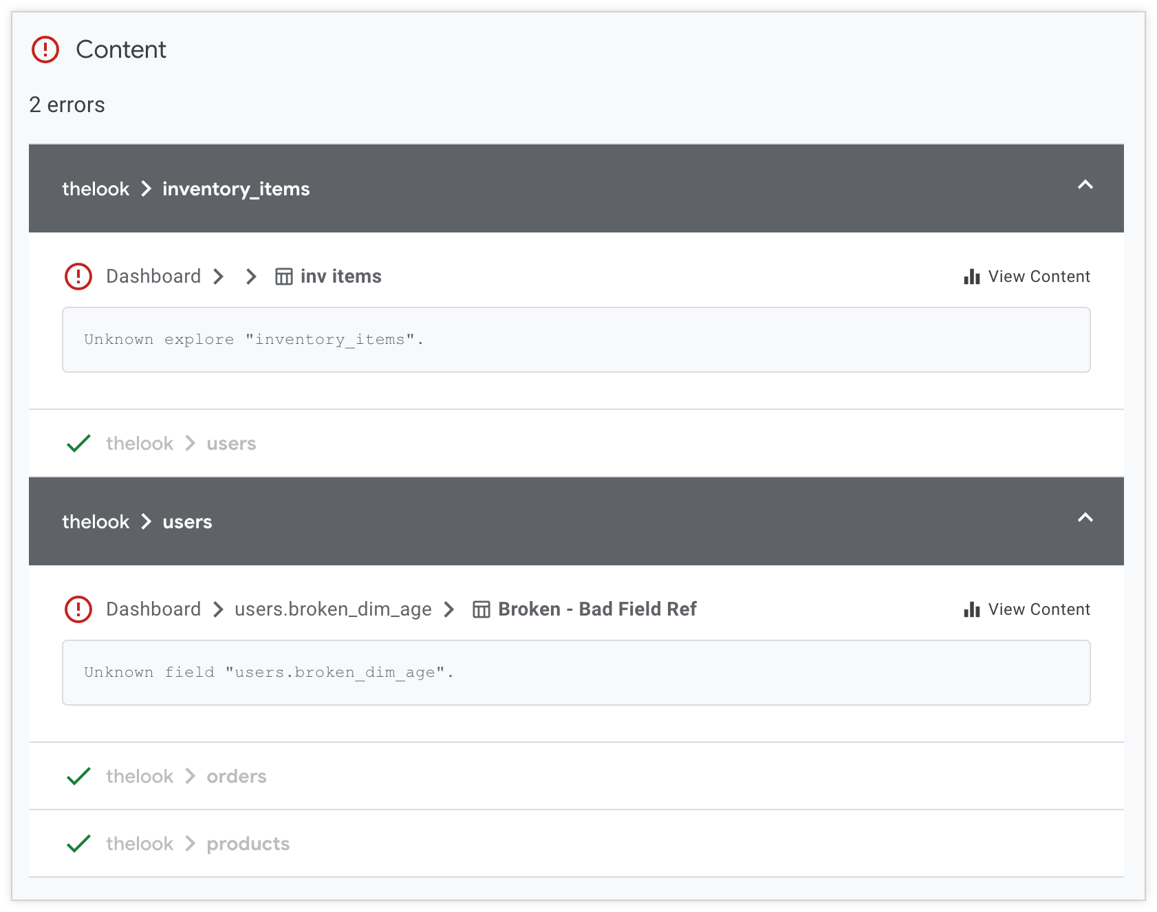 Halaman hasil Continuous Integration yang menampilkan temuan Content Validator