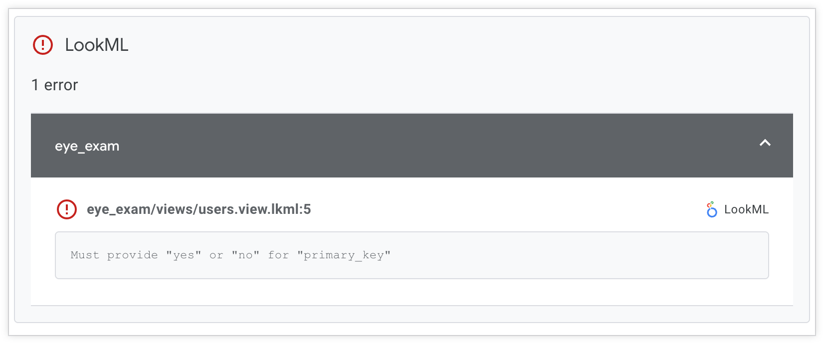 Halaman hasil Continuous Integration yang menampilkan temuan Validator LookML