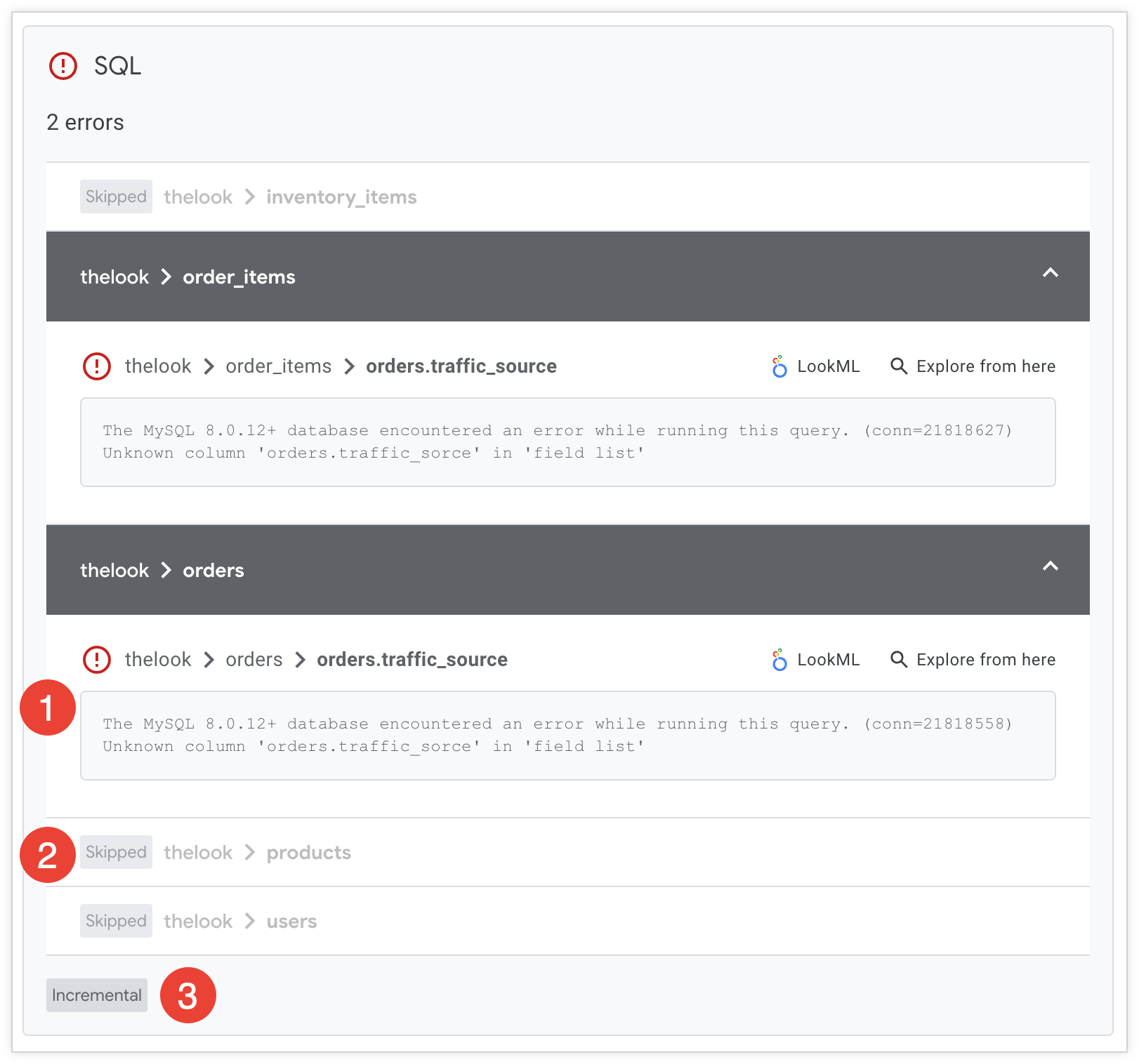 増分 SQL Validator 実行の結果を示す継続的インテグレーション実行結果ページ