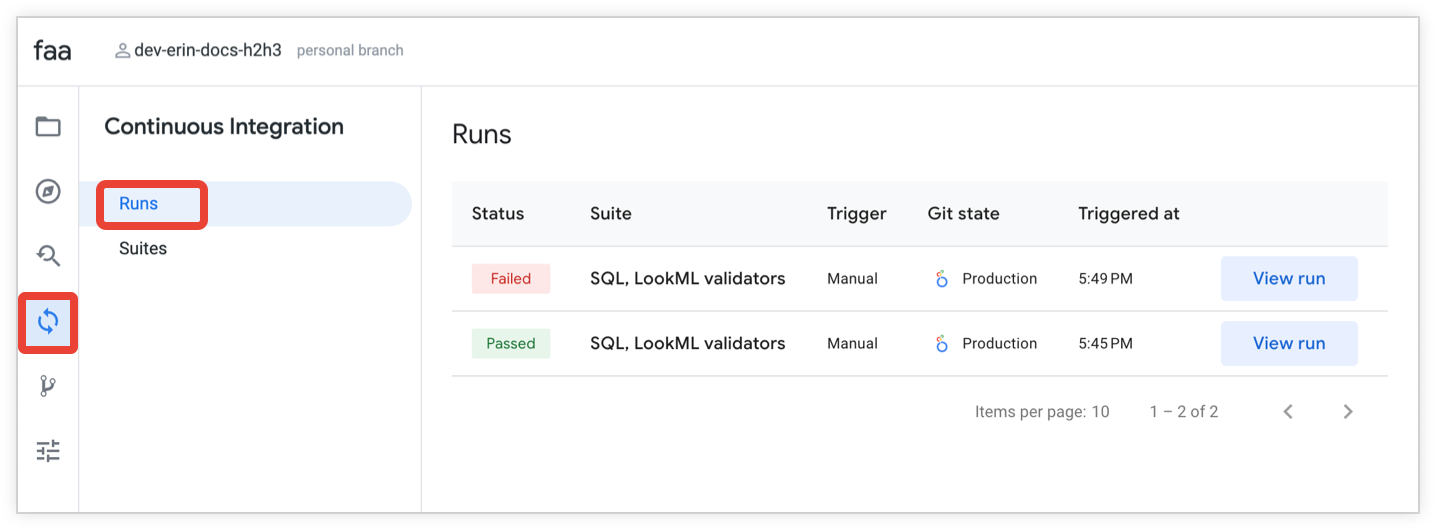Die Seite „Continuous Integration-Ausführungen“ mit einer Tabelle mit vorherigen CI-Ausführungen