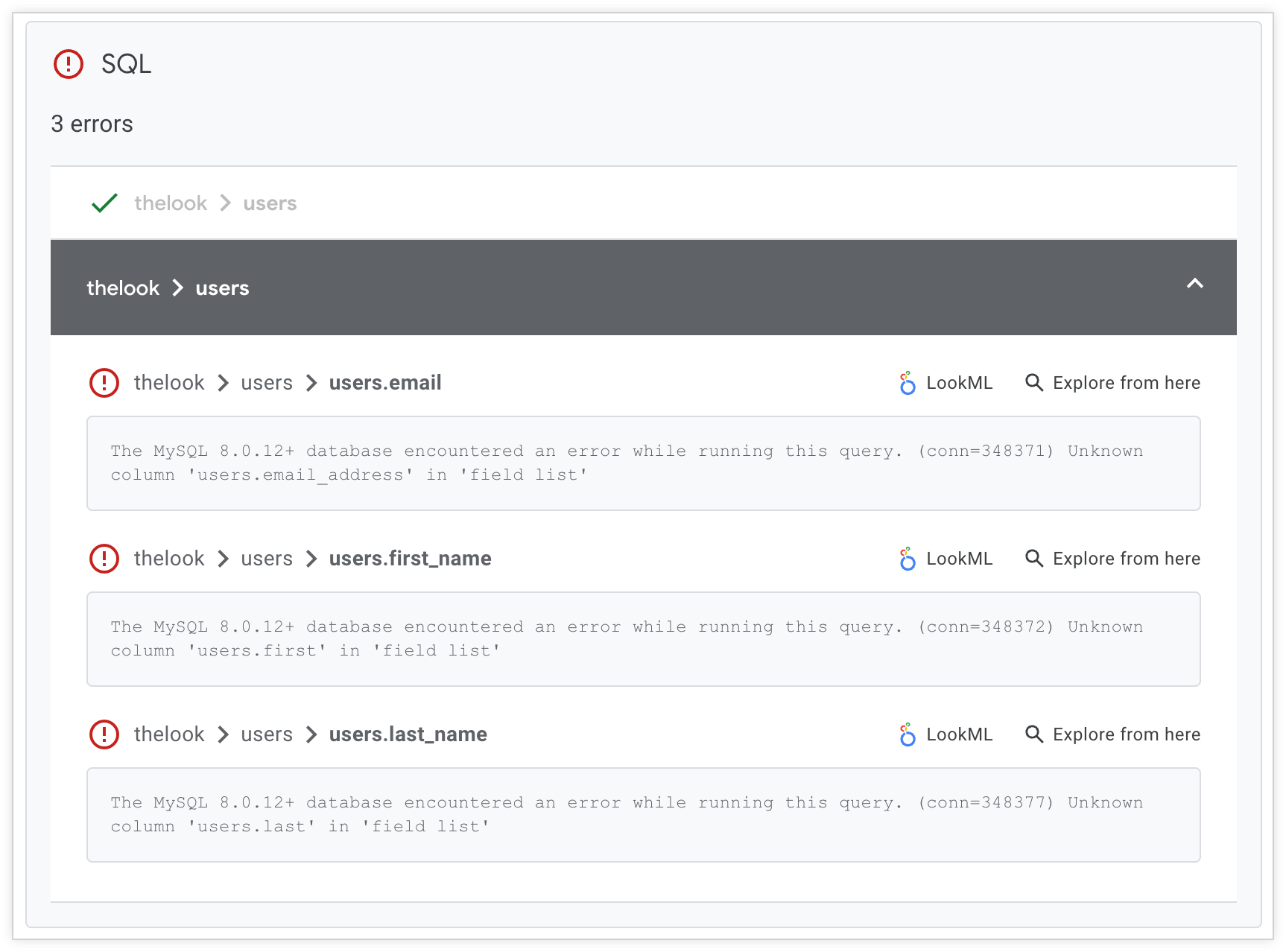 Halaman hasil Integrasi Berkelanjutan yang menampilkan temuan Validator SQL