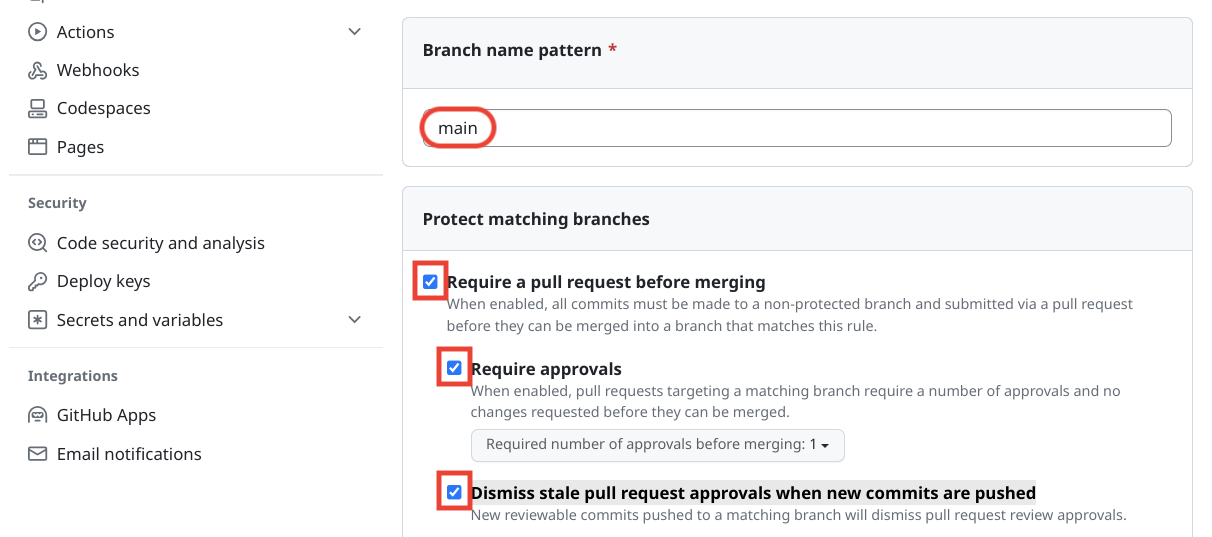 ממשק המשתמש של GitHub להגדרת אפשרויות של הגנה על הסתעפות.