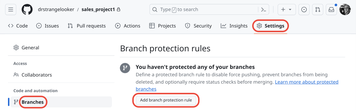 ממשק המשתמש של GitHub להוספת הגנה על הסתעפות.