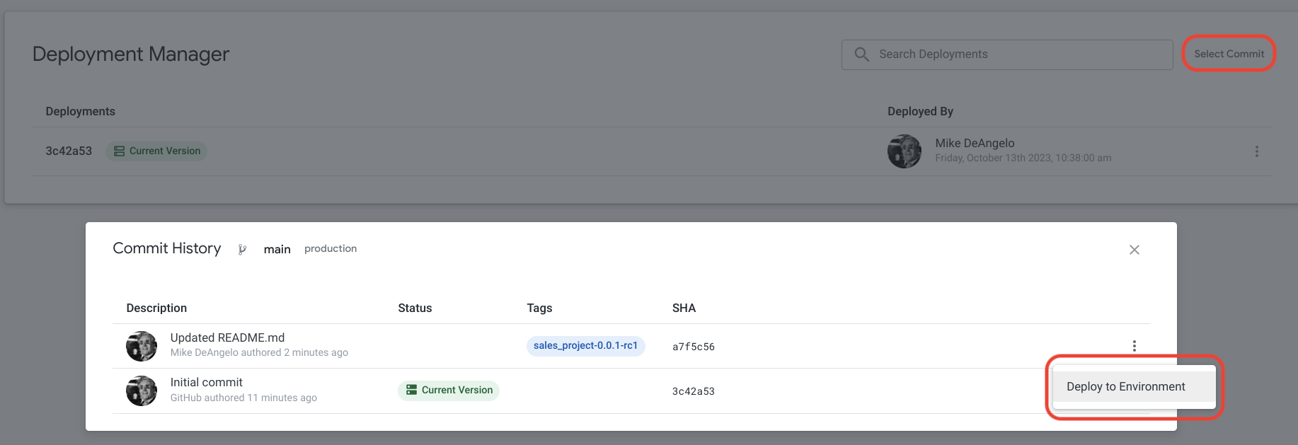 ממשק המשתמש של Looker Deployment Manager לפריסה בסביבה.