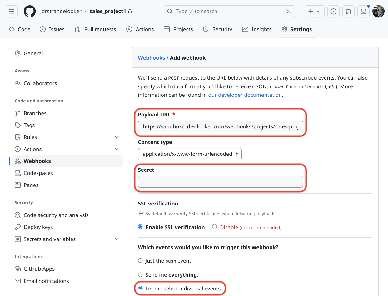 ממשק המשתמש של GitHub להגדרת webhooks.