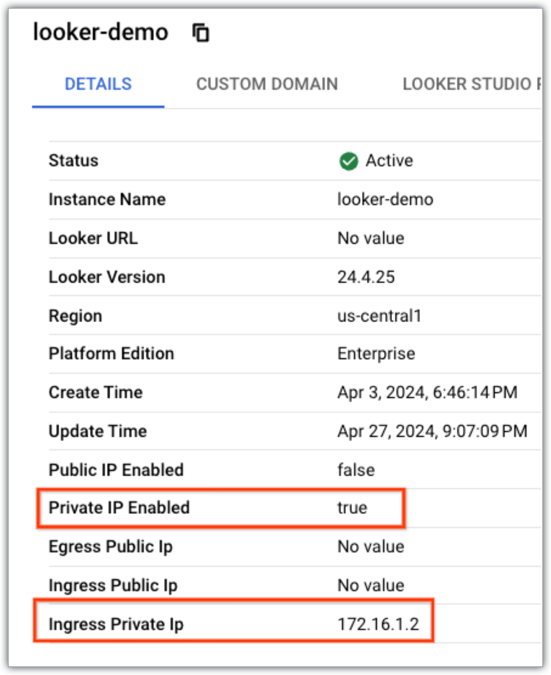 Die Ingress-IP-Adresse ist auf dem Tab „Details“ der Seite „Instanzen“ hervorgehoben.