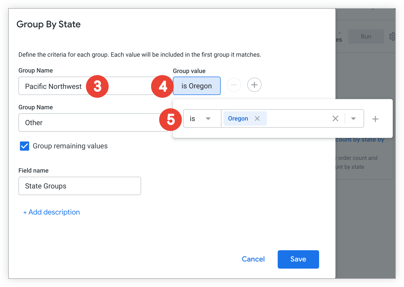 El menú Agrupar por para la dimensión Estado.