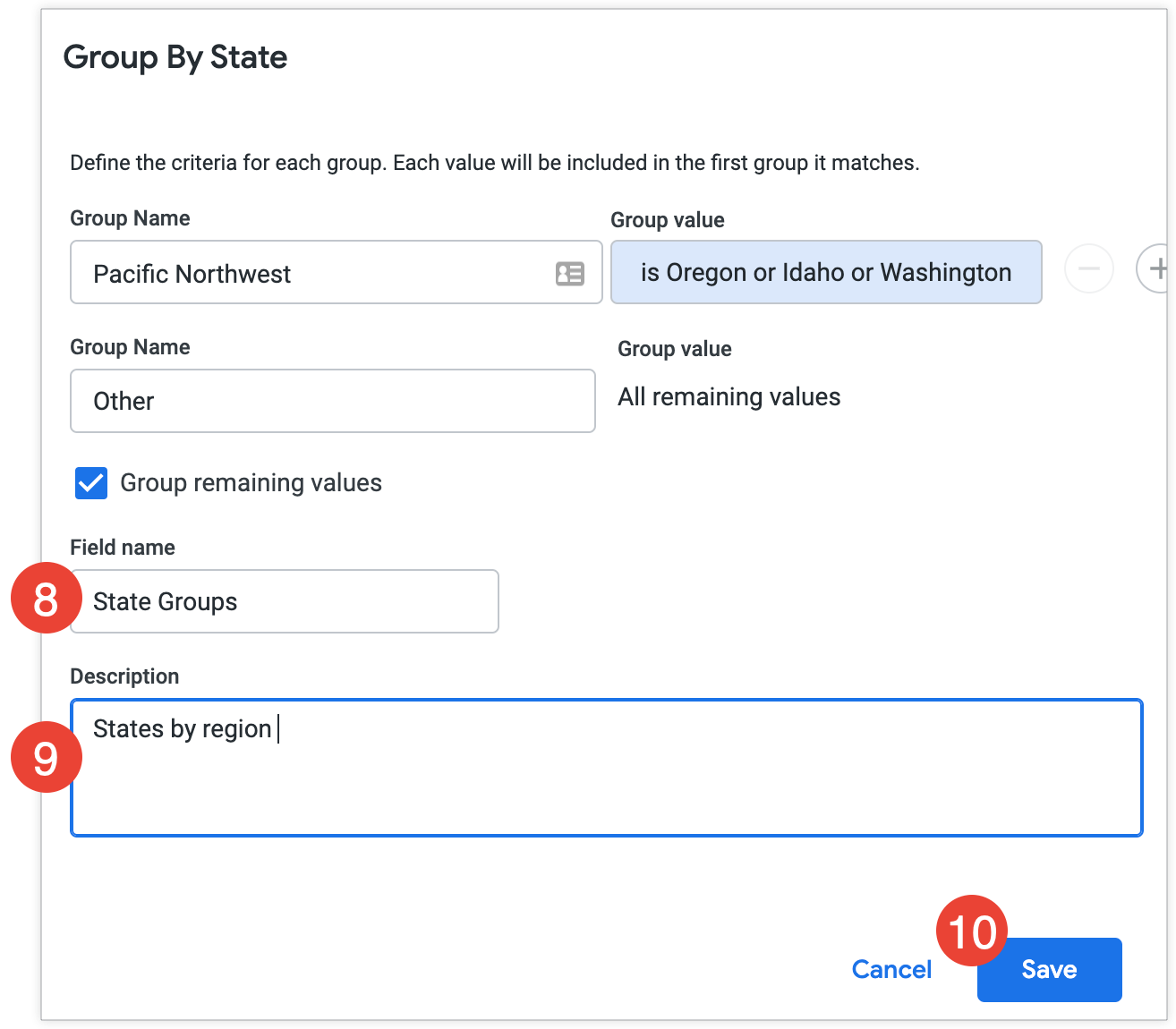 Il testo State Groups (Gruppi di stati) viene inserito nel campo Nome campo e la descrizione States by region (Stati per regione) viene inserita nel campo Descrizione.