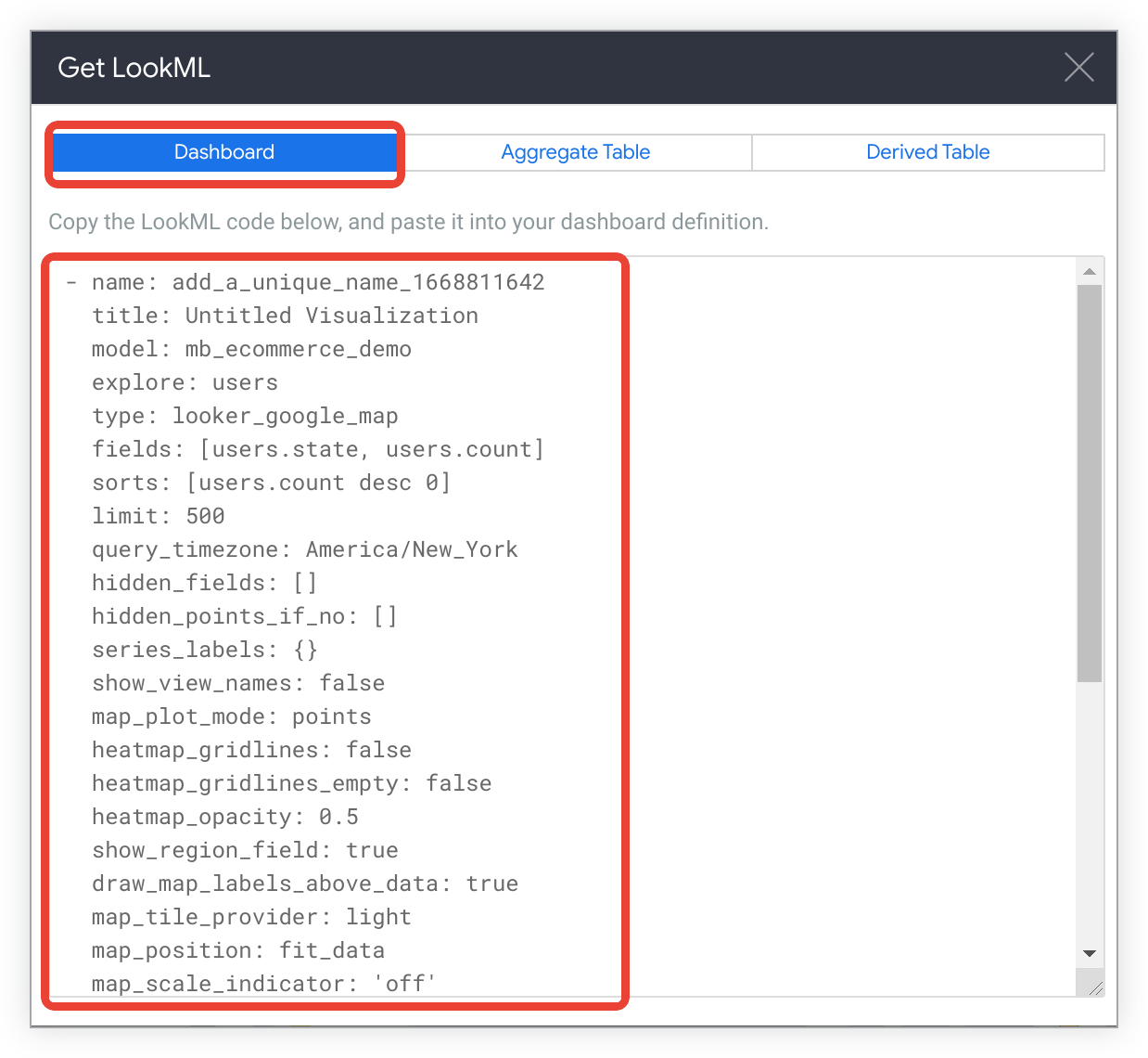 Na parte superior da janela Obter LookML, existem separadores para LookML do painel de controlo, da tabela agregada e da tabela derivada.