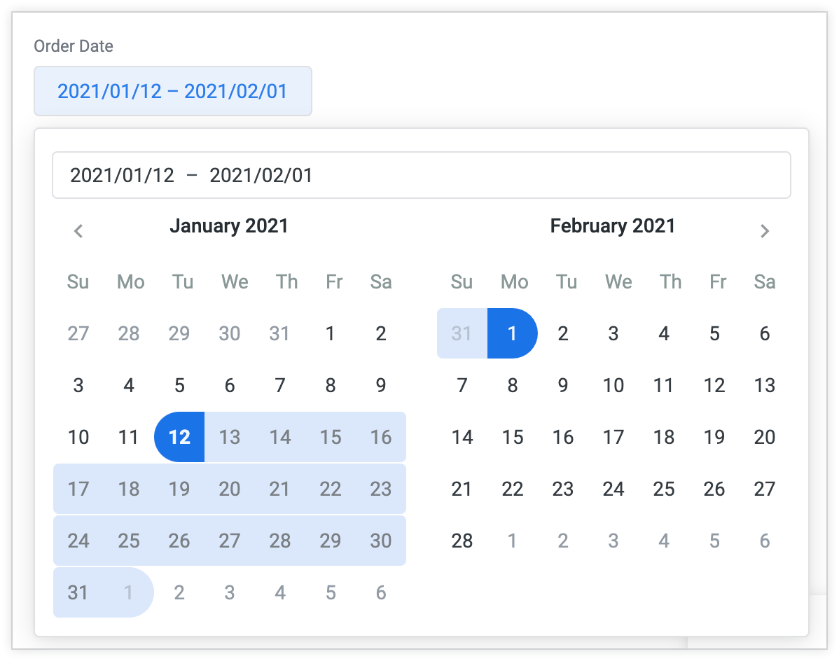 Inicialmente, os controles de período aparecem como um período, mas podem ser selecionados para mostrar um calendário de dois meses. As datas no calendário podem ser selecionadas para atualizar o valor do filtro.