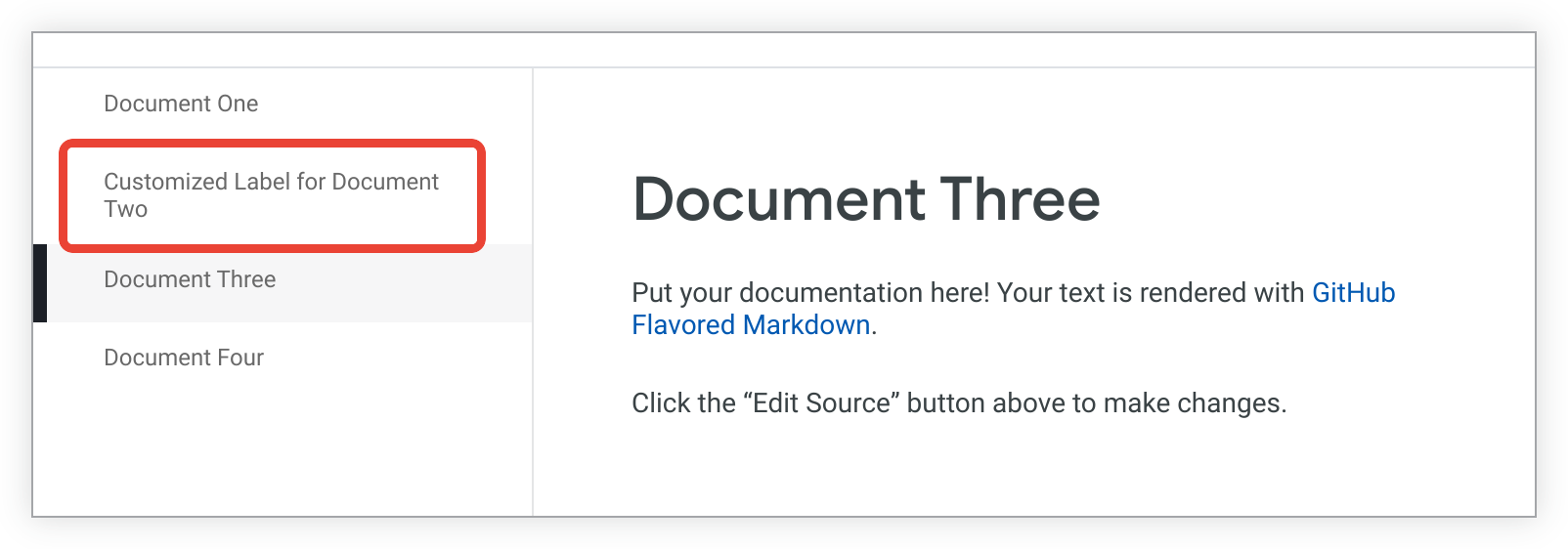 Halaman document_two dicantumkan sebagai Label yang Disesuaikan untuk Dokumen Dua di sidebar.