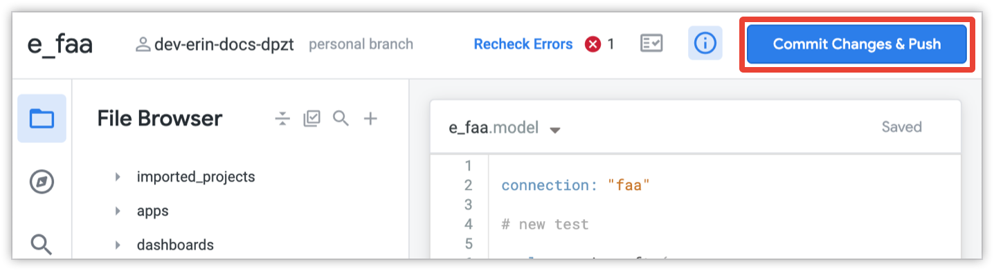 Botão do Git no IDE do Looker