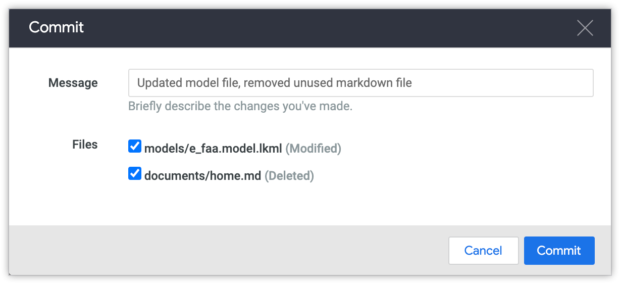 Boîte de dialogue "Commit" affichant les fichiers qui ont été mis à jour