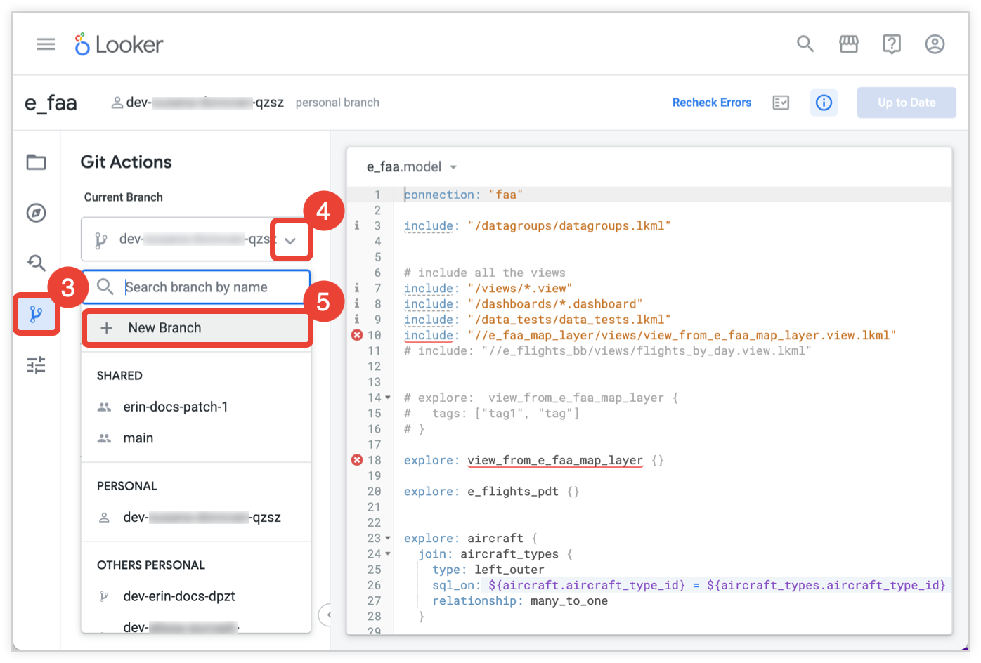 Painel de ações do Git