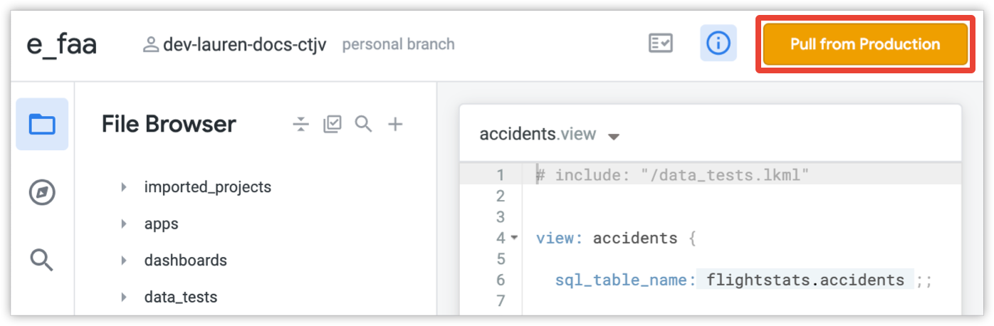 显示“从生产环境中拉取”选项的 Git 按钮