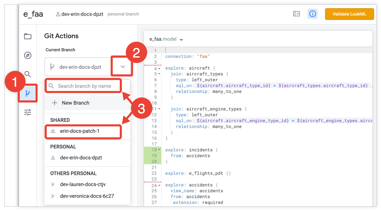 Git branch drop-down menu