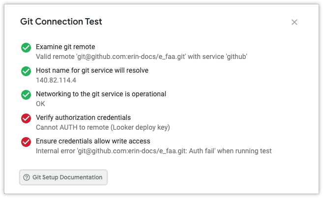 「Git Connection Test」對話方塊，顯示成功和失敗的步驟清單。「驗證授權憑證」步驟下方的錯誤訊息顯示「Cannot AUTH to remote (Looker deploy key)」。