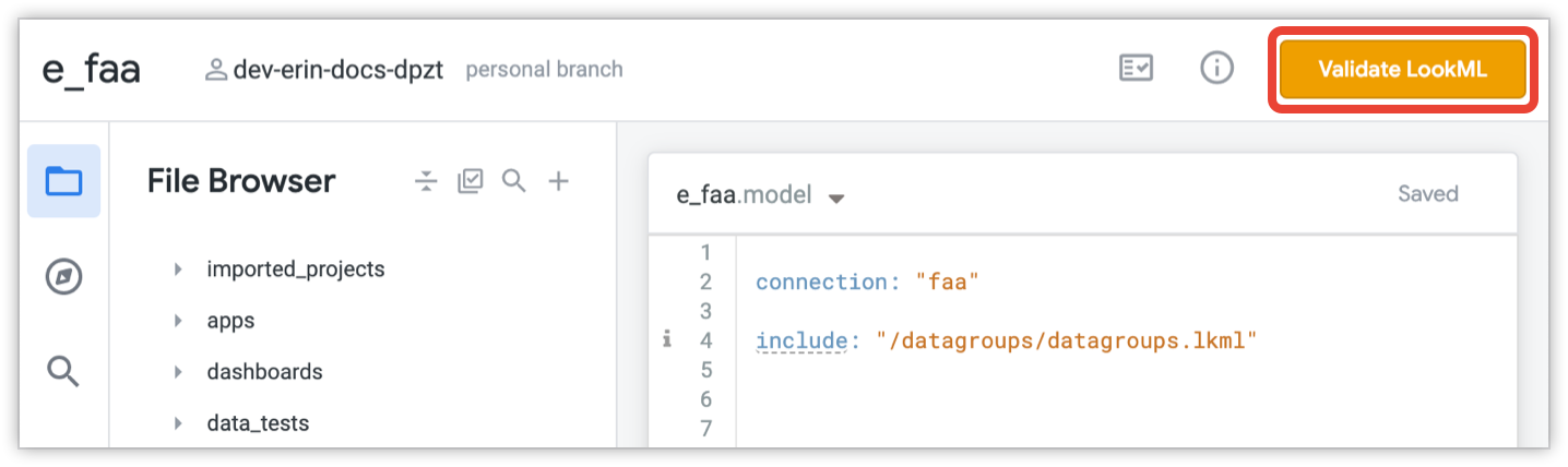 Bouton Git affichant l'option "Valider le code LookML"