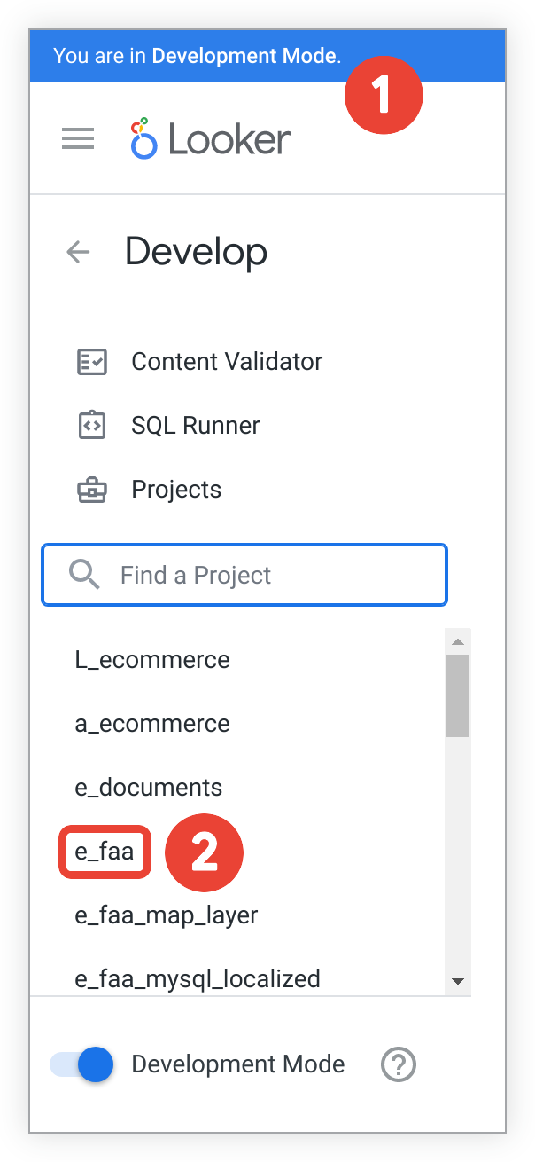 Menü „Entwickeln“ mit ausgewähltem LookML-Projekt