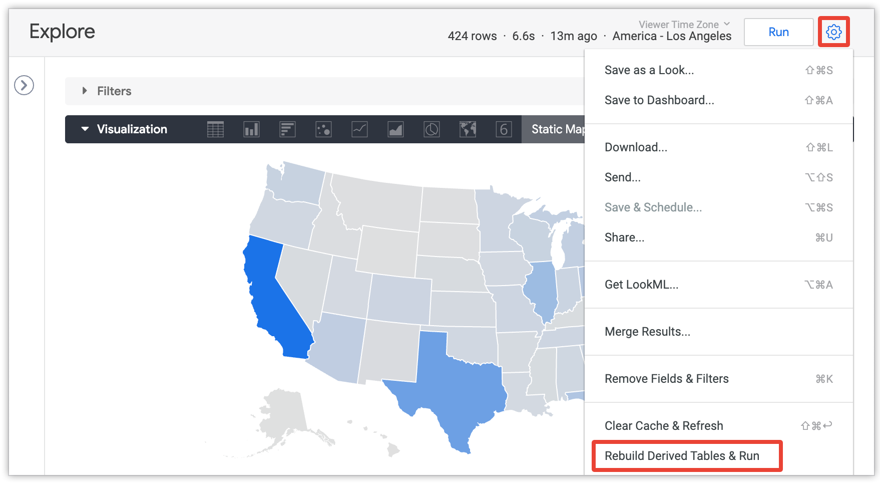 Se fai clic sul pulsante Azioni esplorazione, si apre il menu Esplora, da cui puoi selezionare Ricrea tabelle derivate ed esegui.