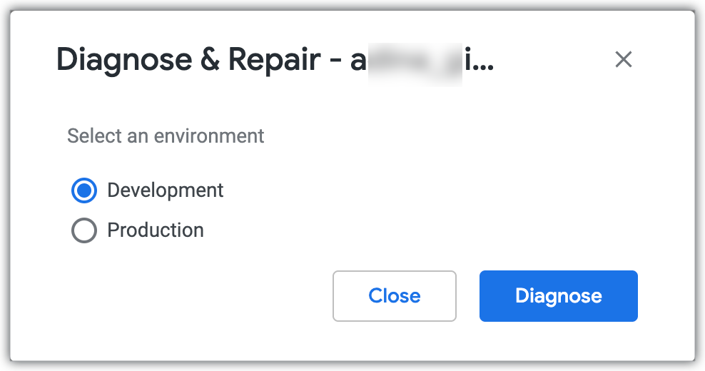 Diagnose and Repair dialog with the Development environment selected.