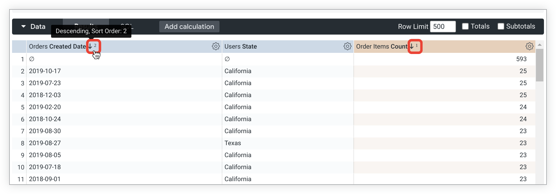 探索查询，其中包含“订单创建日期”“用户所在州”和“订单数”字段，并按“订单数”降序和“订单创建日期”降序排序。