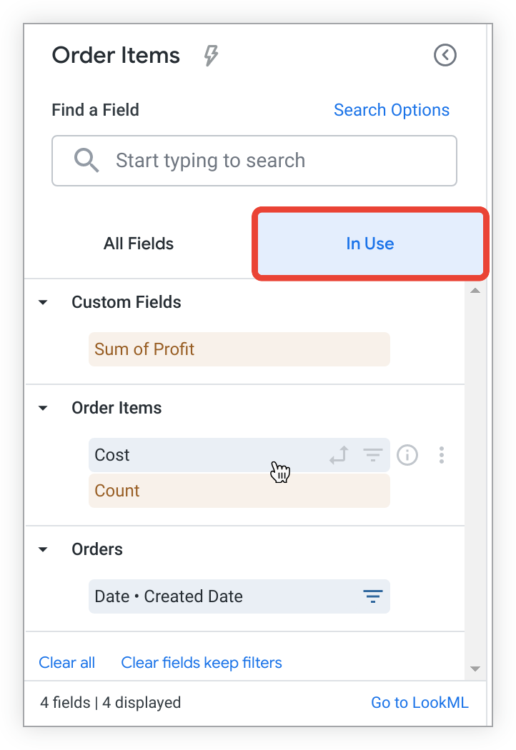 Tab In Use menampilkan kolom kustom Sum of Profit, Order Items Cost, Order Items Count, dan Orders Created Date yang dipilih.