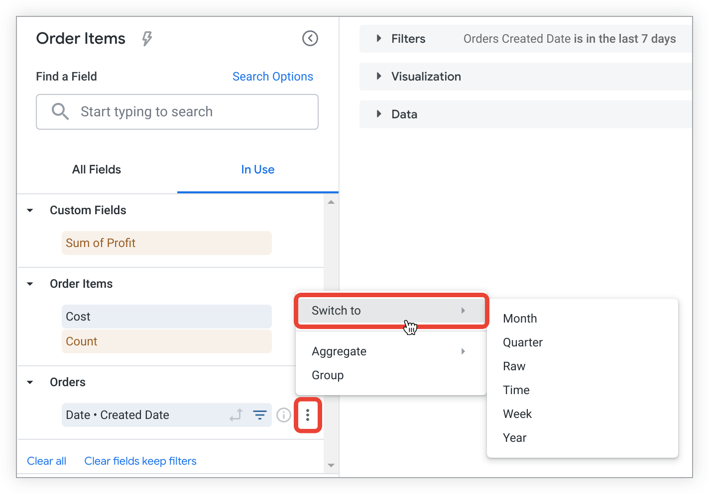 切换到“订单创建日期”的菜单,其中显示了“月”“季度”“周”“时间”和“年”时间范围选项。