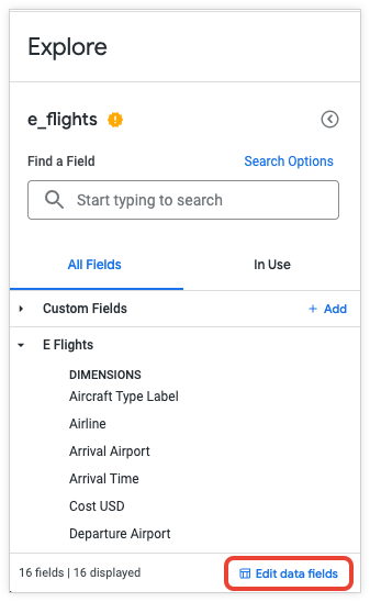 O link Editar campos de dados na página Explorar.