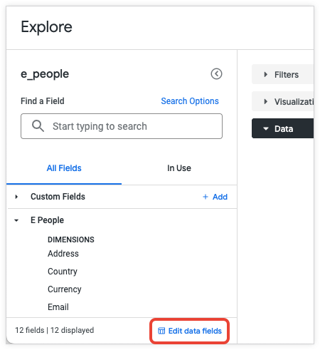 Lien &quot;Modifier les champs de données&quot; sur la page &quot;Explorer&quot;