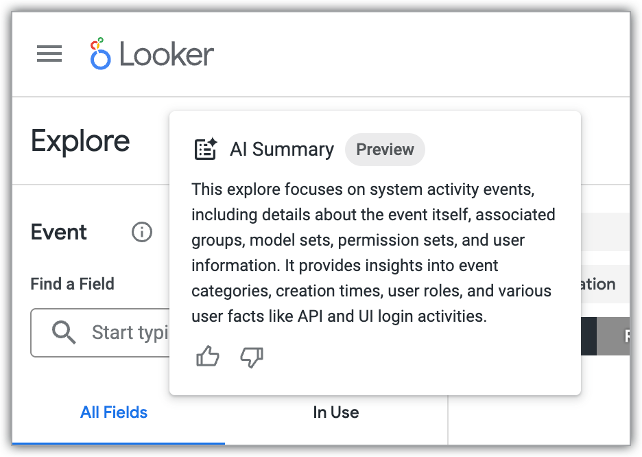 Uma análise detalhada do Looker mostrando o resumo gerado por IA.