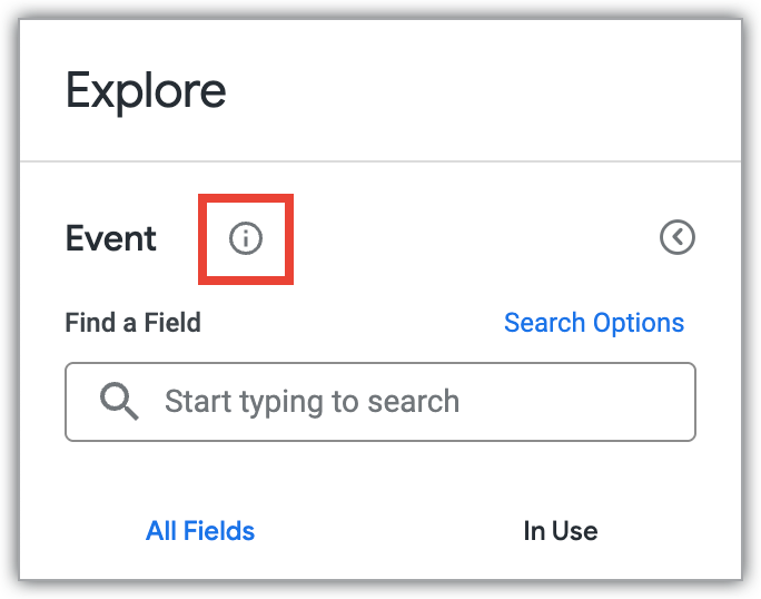 דוח Looker Explore שבו מופיע סמל המידע לצד השם של ה-Explore.