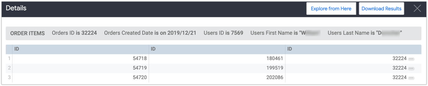 Tabela de dados mostrando informações de ID do produto sobre cada um dos três itens de pedido em W. D. de 21 de dezembro de 2019.